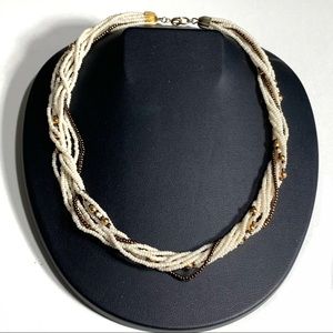 Vintage Torsade Multi Strand Necklace Mini Cream Bronze Color Seed Bead Pearls